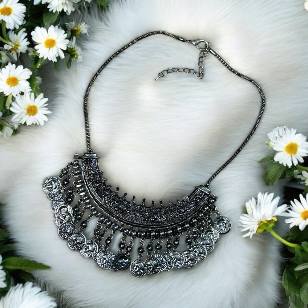 Boho Oxidized Silver Tone Tribal Coin Fringe Bib Necklace Statement Choker - Picture 14 of 14